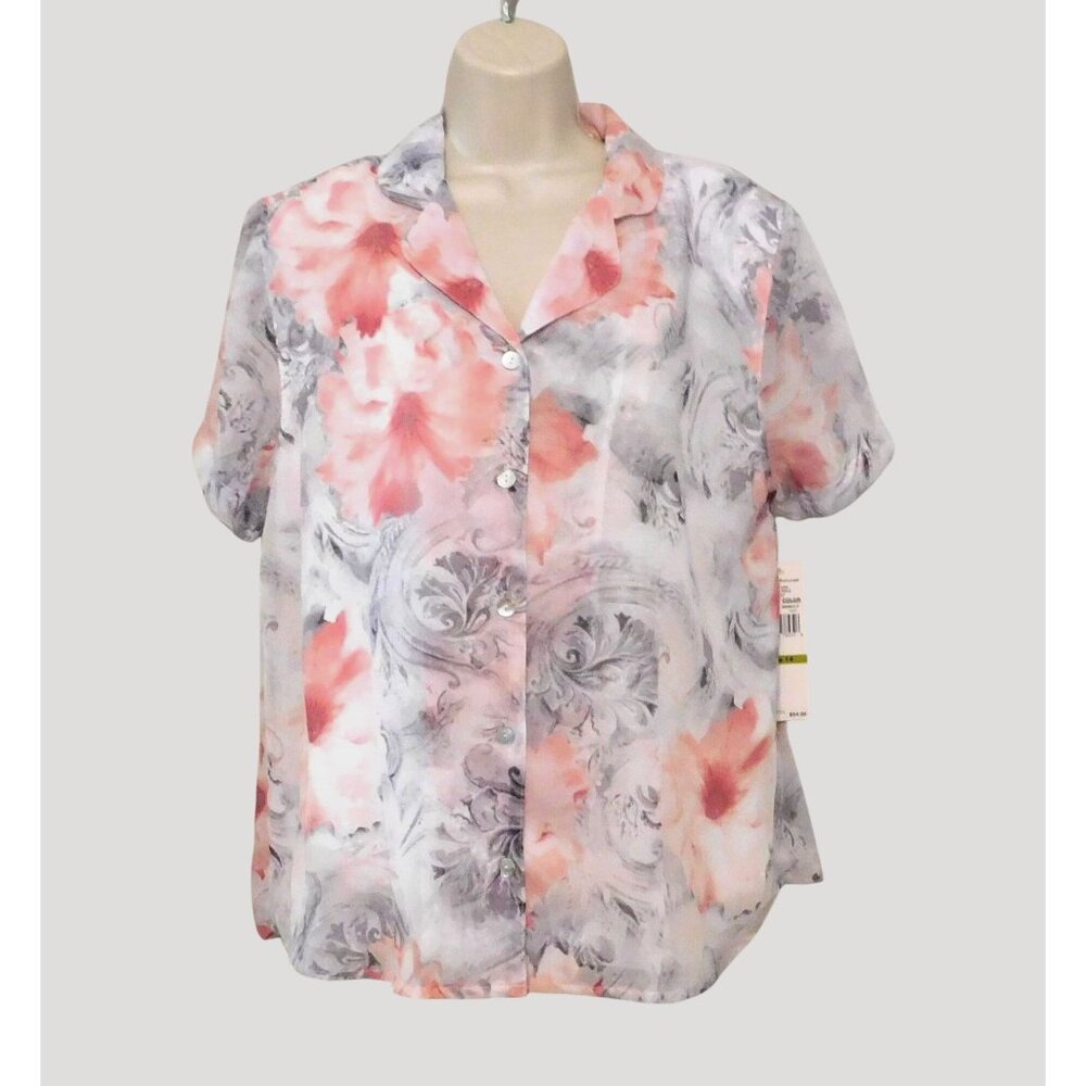 Alfred Dunner Womens Blouse Size 14 Pink Gray White Floral Short Sleeve Button - Picture 1 of 7
